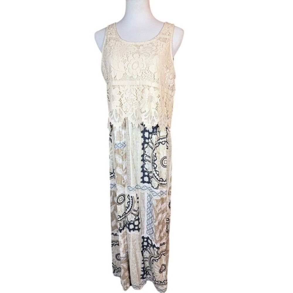 Est. 1946 Womens Lace Overlay Mixed Print Sleeveless Maxi Dress Cream Navy Large